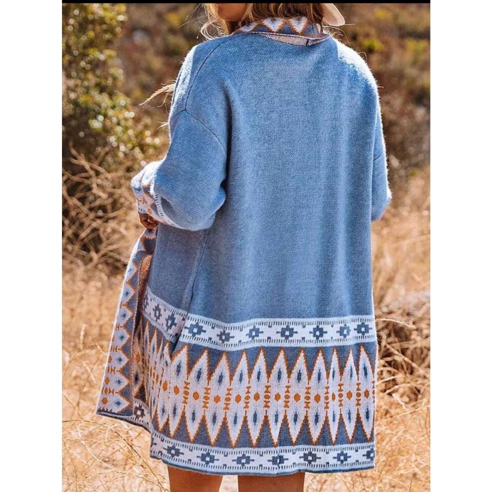 New Geo Pattern Drop Shoulder Open Front Cardigan… - image 2